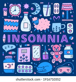 Poster with lettering and doodle colorful insomnia and bed time icons including pillow, clock, milk, sheep, moon, pills, book, smartphone, cat, sleep mask, teddy bear, etc isolated on dark background.