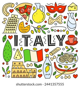 Poster with lettering and doodle colorful Italia landmarks and attractions isolated on white background. Travel concept background.