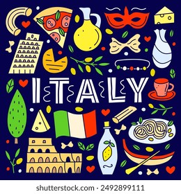 Poster with lettering and doodle colorful Italia landmarks and attractions isolated on dark background. Travel concept background.