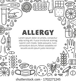 Poster with lettering and doodle outline allergy icons including skin rash, runny eye, mask, cat, honey bee, microscope, dnk, pipette bottle, syringe, etc isolated on white background. Space for text.