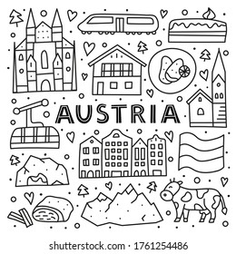 Poster with lettering and doodle outline Austria icons including Vienna Cathedral, train, chalet house, church, Alpine mountains, cow, cave, flag, schnitzel, strudel, etc isolated on white background.