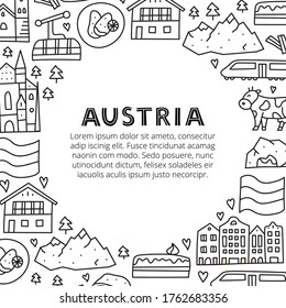 Poster with lettering and doodle outline Austria icons including Vienna Cathedral, train, chalet house, church, Alpine mountains, cow, cave, flag, schnitzel, strudel, etc isolated on white background.