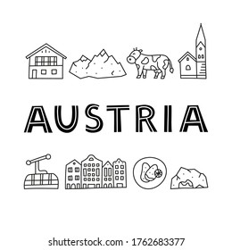 Poster with lettering and doodle outline Austria icons including Vienna Cathedral, train, chalet house, church, Alpine mountains, cow, cave, flag, schnitzel, strudel, etc isolated on white background.