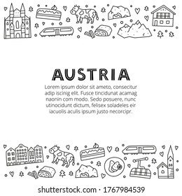 Poster with lettering and doodle outline Austria icons including Vienna Cathedral, train, chalet house, church, Alpine mountains, cow, cave, flag, schnitzel, strudel, etc isolated on white background.