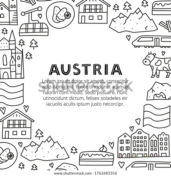 Poster with lettering and doodle outline\
Austria icons including Vienna Cathedral, train, chalet house,\
church, Alpine mountains, cow, cave, flag, schnitzel, strudel, etc\
isolated on white\
background.