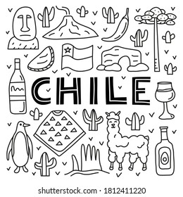 Poster with lettering and doodle outline Chile icons including Easter island statue, Villarrica volcano, araucaria tree, empanadas, penguin, poncho, alpaca, avocado oil isolated on white background.