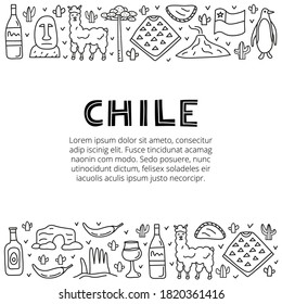 Poster with lettering and doodle outline Chile icons including Easter island statue, Villarrica volcano, araucaria tree, empanadas, penguin, poncho, alpaca, avocado oil isolated on white background.