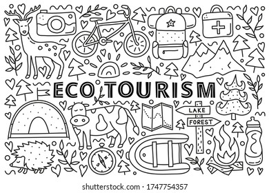 Poster with lettering and doodle outline eco tourism icons including deer, camera, bicycle, sun, backpack, first aid kit, mountains, tent, cow, hedgehog, compass, boat isolated on white background.