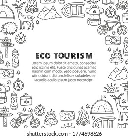 Poster with lettering and doodle outline eco tourism icons including deer, camera, bicycle, sun, backpack, first aid kit, mountains, tent, cow, hedgehog, compass, boat isolated on white background.