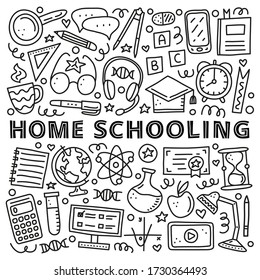 Poster with lettering and doodle outline education, e-learning icons including computer, phone, ruler, globe, divider, lamp, headphones, calculator, hourglass, book, etc isolated on white background.