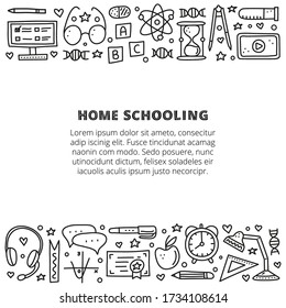 Poster with lettering and doodle outline education, e-learning icons including computer, phone, ruler, globe, divider, lamp, headphones, calculator, hourglass, book, etc isolated on white background.