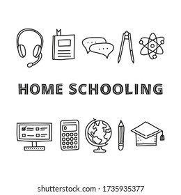 Poster with lettering and doodle outline education, e-learning icons including computer, globe, divider, headphones, calculator, book, pencil, chat bubble, graduation cap isolated on white background.