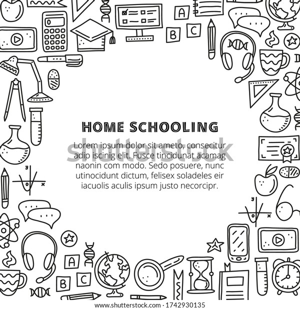 Poster with lettering and doodle outline\
education, e-learning icons including computer, phone, ruler,\
globe, divider, lamp, headphones, calculator, hourglass, book, etc\
isolated on white\
background.