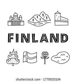 Poster with lettering and doodle outline finland icons including Helsinki Cathedral, lake, cloudberry, Olaf's castle, hills, fir tree, flag isolated on white background.