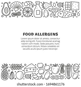 Poster with lettering and doodle outline food allergens icons including fish, seafoods, cheese, milk, wheat, mushrooms, citrus, honey, chocolate, fruits isolated on white background. Space for text.
