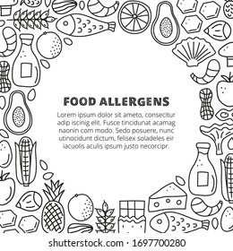 Poster with lettering and doodle outline food allergens icons including fish, seafoods, cheese, milk, wheat, mushrooms, citrus, honey, chocolate, fruits isolated on white background. Space for text.