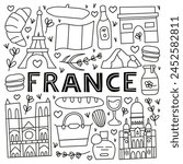 Poster with lettering and doodle outline France landmarks and attractions isolated on white background. Travel concept background.