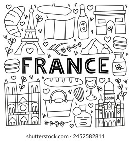 Poster with lettering and doodle outline France landmarks and attractions isolated on white background. Travel concept background.