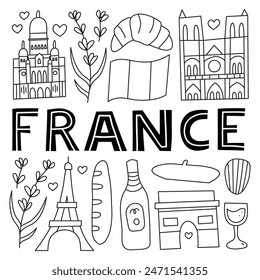 Poster with lettering and doodle outline France landmarks and attractions isolated on white background. Travel concept background.