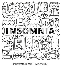 Poster with lettering and doodle outline insomnia and bed time icons including pillow, clock, milk, sheep, moon, pills, book, smartphone, cat, sleep mask, teddy bear, etc isolated on white background.