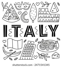 Poster with lettering and doodle outline Italia landmarks and attractions isolated on white background. Travel concept background.