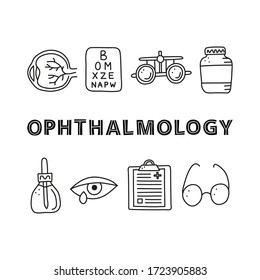 Poster with lettering and doodle outline ophthalmology icons including runny eye, pipette bottle, cornea, blank clipboard, glasses isolated on white background.