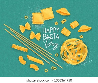 Poster lettering happy pasta day with many kinds of macaroni drawing on turquoise background.