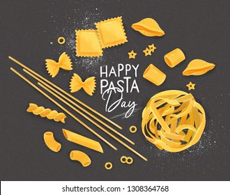 Poster lettering happy pasta day with many kinds of macaroni drawing on grey background.