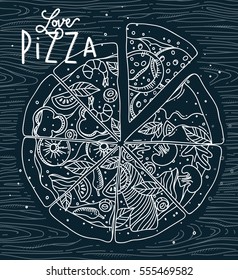 Poster lettering love pizza drawing with grey lines on blue background