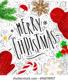 Poster lettering merry christmas drawing in vintage style on dirty paper