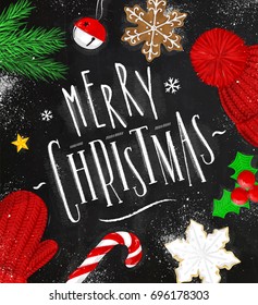 Poster lettering merry christmas drawing in vintage style on chalkboard