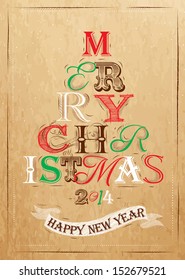 Poster lettering merry christmas and happy new year, in vintage style drawing on kraft background.