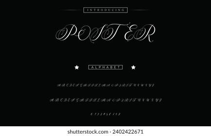 Poster Lettering Minimalist Fashion. Elegant alphabet letters serif font and number. Typography fonts regular uppercase, lowercase.