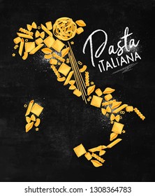 Poster lettering pasta italiana with macaroni map drawing on chalkboard background.