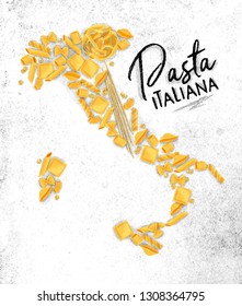 Poster lettering pasta italiana with macaroni map drawing on dirty paper background.