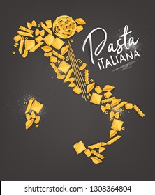 Poster lettering pasta italiana with macaroni map drawing on grey background.