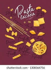 Poster lettering pasta italiana with many kinds of macaroni drawing on crimson background.