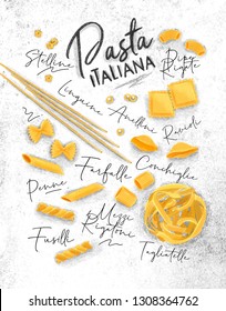 Poster lettering pasta italiana with many kinds of macaroni drawing on dirty paper background.