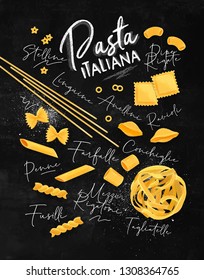 Poster lettering pasta italiana with many kinds of macaroni drawing on chalkboard background.