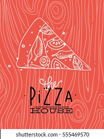 Poster lettering the pizza house drawing with grey lines on coral background
