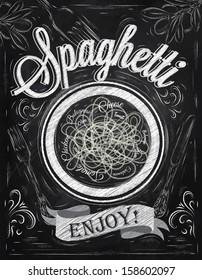 Poster lettering spaghetti enjoy, in retro style stylized drawing with chalk on blackboard. 