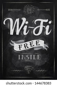 Poster lettering wi fi free inside with a smart phone in retro style drawing with chalk on chalkboard background.