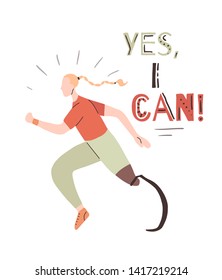 Poster with lettering Yes, I can and flat african girl runner with prosthetic leg. Jogger sportswoman. Motivation quote with stylized strong athletic woman with disability. Sport for all.