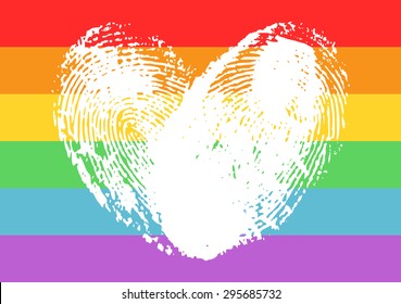 Poster with LGBT support symbol. White fingerprints heart isolated on rainbow background. Typography design element for posters, banners and prints.