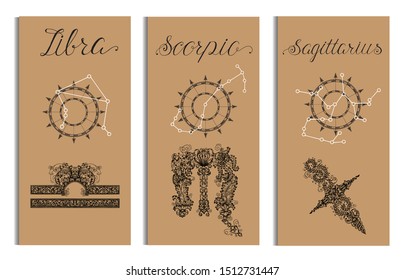 Poster with Libra, Scorpio, Sagittarius zodiac sign and constellation. Collection of astrological symbols in victorian and baroque style. Design set with vector illustration for Horoscope