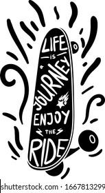 Poster Life Journey Enjoy Ride Designed Quote on Chalkboard Background. Calligraphy Motivation Phrase Decorated on Skateboard Hand Drawn Black and White Template Vector Flat Illustration