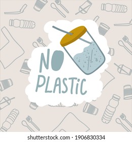 Poster life without plastic. The inscription No plastic in the circle of bottles and mills. The concept of life without plastic, recycling, forward green, zero waste. Vector illustration