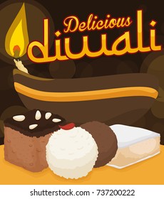 Poster with a lighted diya lamp and delicious hindu cuisine desserts for Diwali celebration:barfi,  laddu, gulab jamun and kaju katli.
