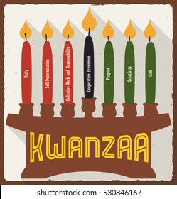 Poster with lighted and marked candles placed on a kinara with each principle for kwanzaa celebration in flat style and long shadow.