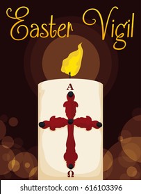 Poster with lighted Paschal candle for Easter Vigil with glows and bokeh effect in the background.